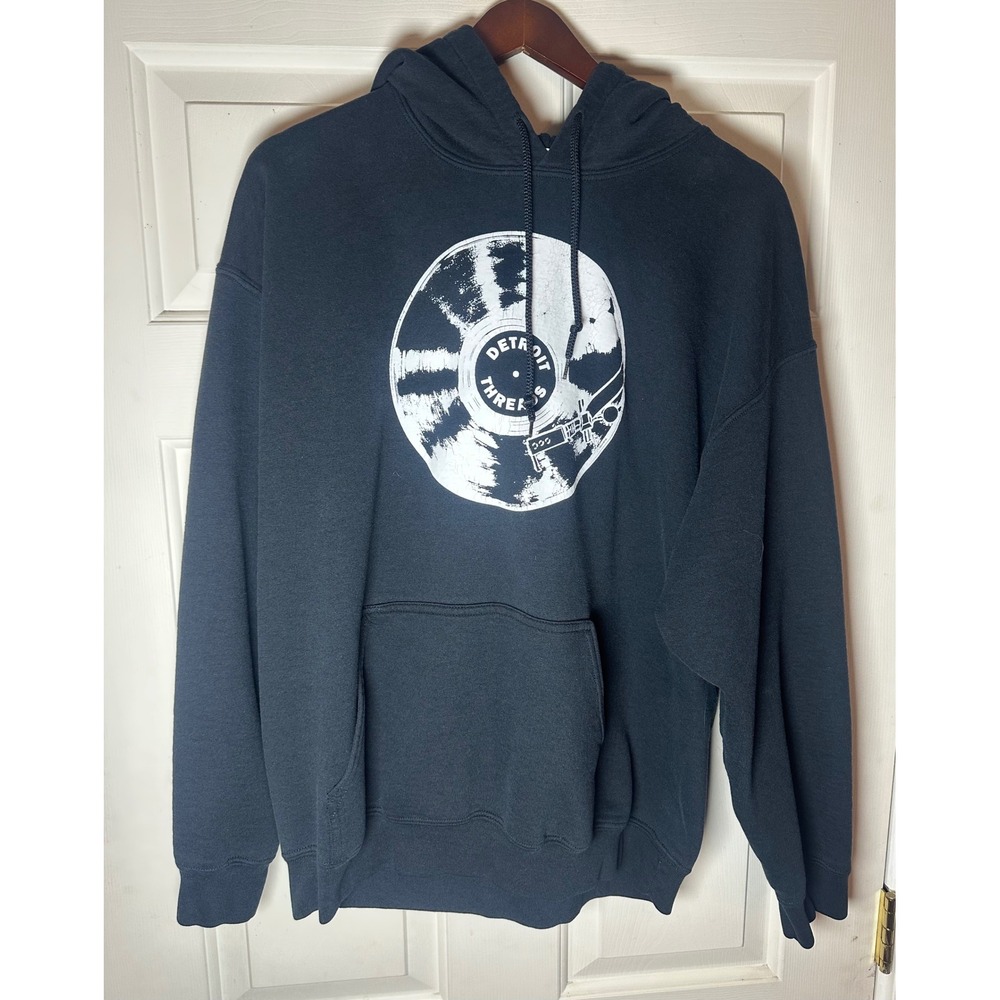 Detroit Threads Black Hoodie Record‎ Graphic Pullover Sweatshirt Large